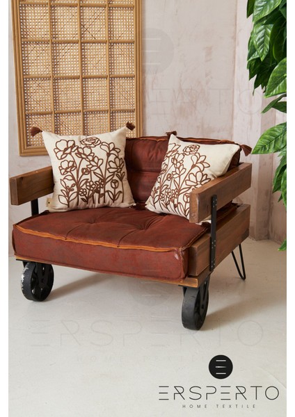 Çiçek Püsküllü Keten Dekoratif Kırlent Kılıfı Yastık Kılıfı 1 Adet 43 x 43 cm