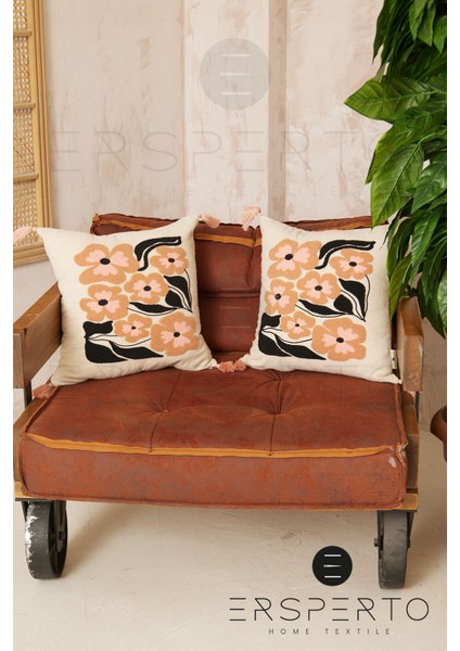 Çiçek Püsküllü Keten Dekoratif Kırlent Kılıfı Yastık Kılıfı 1 Adet 43 x 43 cm