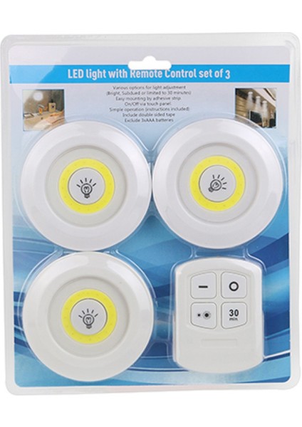 3lü Uzaktan Kumandalı Yapışkanlı Kablosuz LED Spot Lambalar (4881)