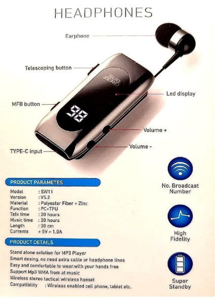 Android & Ios Uyumlu Makaralı Titreşimli Dijital Bluetooth Kulaklık