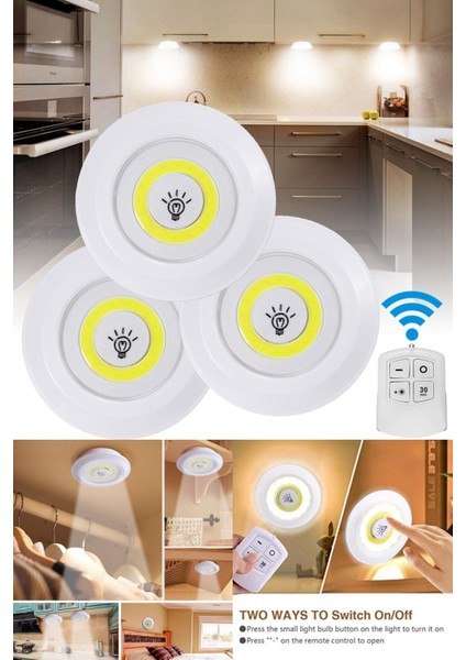 3&amp;apos;lü Uzaktan Kumandalı Pilli Yapışkanlı Kablosuz LED Spot Lambalar (4881)