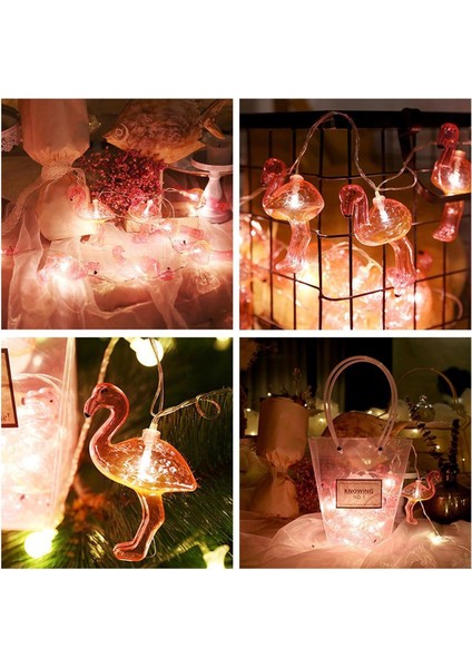 10&amp;apos;lu Pilli LED Flamingo Dekoratif Işık Zinciri Aydınlatma 1,5 mt (4881)