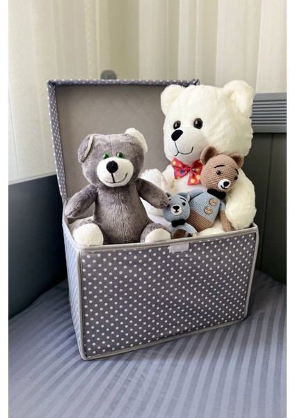 Mini Çok Amaçlı Saklama Kutusu,kutu Hurç,kutu,organizer,oyuncak Kutusu Gri Puantiye Desen 30 x 40 x 25