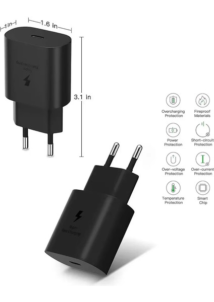 Samsung Galaxy A23 A24 A25 A33 A34 A35 A52S A53 A55 A54 A70 A71 A72 A73 Uyumlu Hızlı Şarj Aleti Adaptörü(Başlık)
