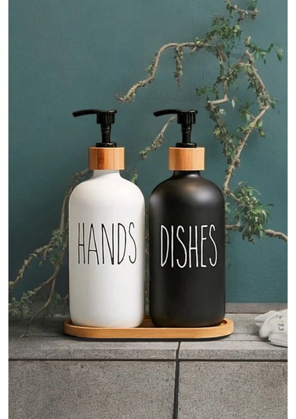 2’li Hands Dishes Siyah Beyaz Dekoratif Mutfak Banyo Sıvı Cam Sabunluk Seti 500ML Bambu Stantlı Set