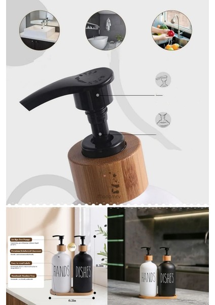 2’li Hands Dishes Siyah Beyaz Dekoratif Mutfak Banyo Sıvı Cam Sabunluk Seti 500ML Bambu Stantlı Set