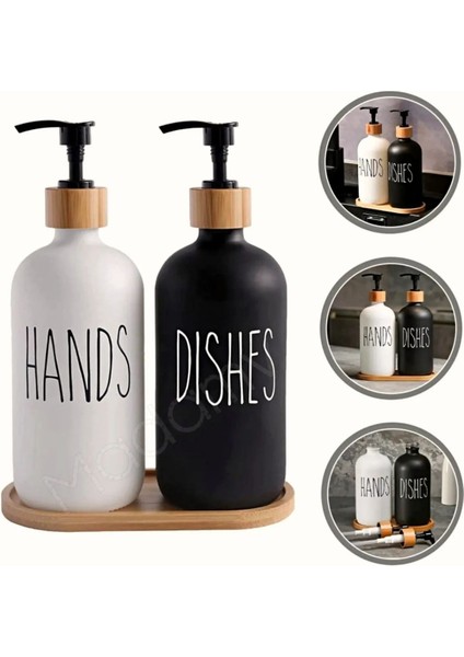 2’li Hands Dishes Siyah Beyaz Dekoratif Mutfak Banyo Sıvı Cam Sabunluk Seti 500ML Bambu Stantlı Set