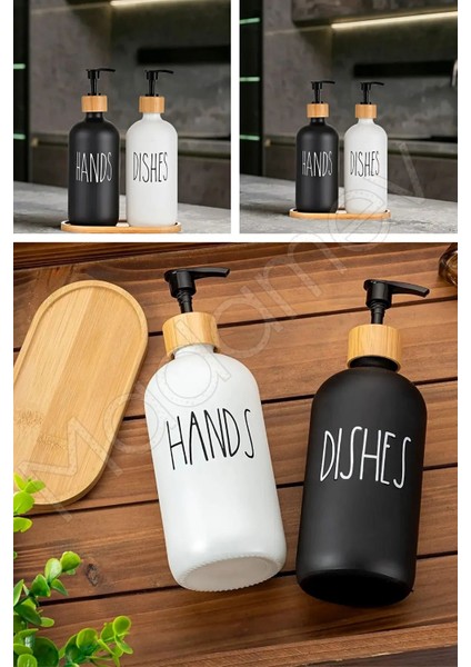 2’li Hands Dishes Siyah Beyaz Dekoratif Mutfak Banyo Sıvı Cam Sabunluk Seti 500ML Bambu Stantlı Set