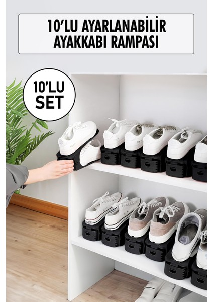 10 Lu Set Ayarlanabilir Ayakkabı Rampası & Ayakkabılık Düzenleyici & Organizer
