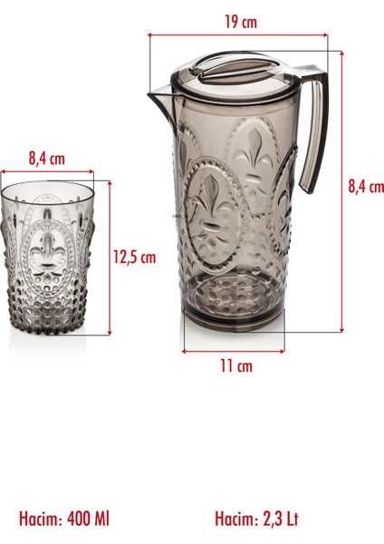 Akrilik Füme Sürahi 2,3 Lt Ve 6'Lı & Su Meşrubat Kahve Yanı Bardağı 400 Ml Seti ( Cam Değildir )
