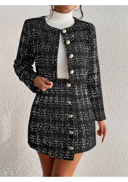 Kadın Uzun Kollu Önü Düğmeli Şanel Ceket ve Etek Takım indirimleri