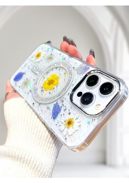Iphone 15 Pro Uyumlu Simli Magsafe Özellikli Çiçek Desenli Telefon Kılıfı