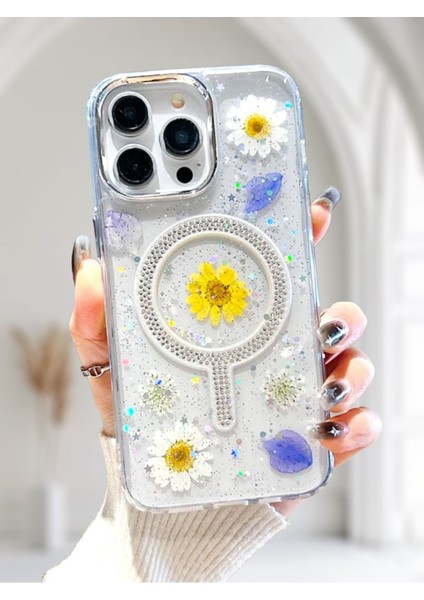 Iphone 15 Pro Uyumlu Simli Magsafe Özellikli Çiçek Desenli Telefon Kılıfı fiyatları