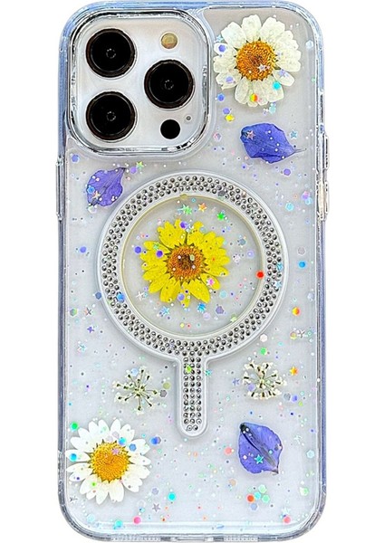 Iphone 15 Pro Uyumlu Simli Magsafe Özellikli Çiçek Desenli Telefon Kılıfı modelleri