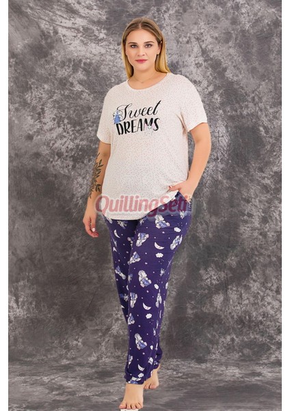 Lacivert Renk ve Desenli 10978 Kısa Kollu Kadın Büyük Beden Anne Pijama Takımı