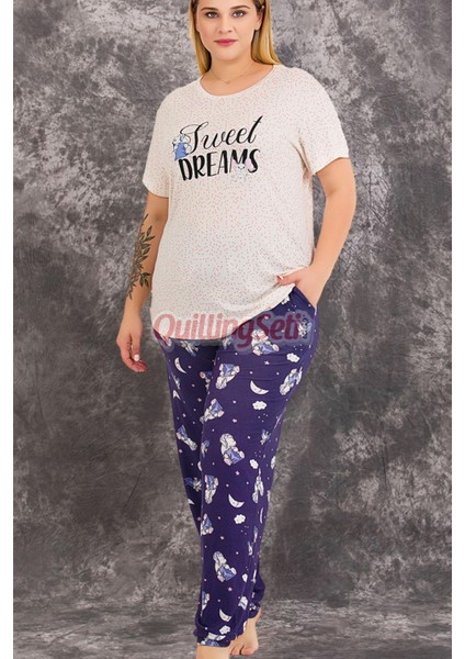 Lacivert Renk ve Desenli 10978 Kısa Kollu Kadın Büyük Beden Anne Pijama Takımı modelleri