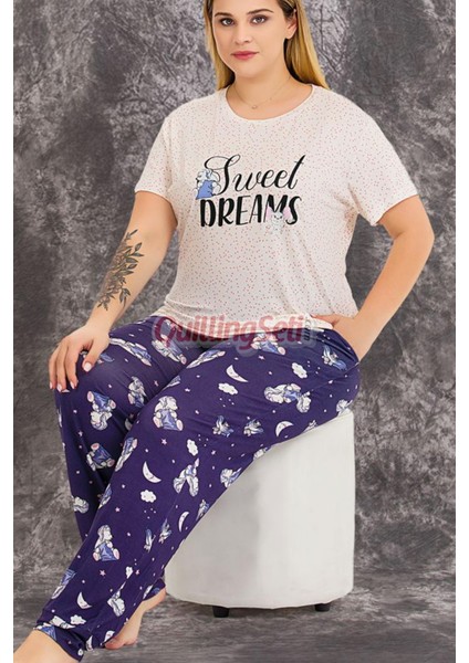 Lacivert Renk ve Desenli 10978 Kısa Kollu Kadın Büyük Beden Anne Pijama Takımı fırsatları