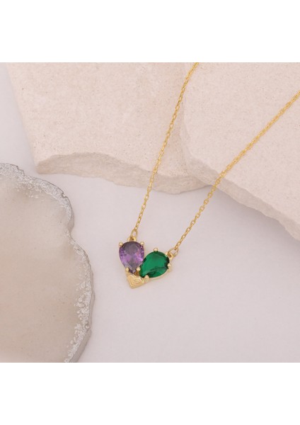 925 Ayar Gümüş Renkli Damla Taşlı Kalp Kolye modelleri