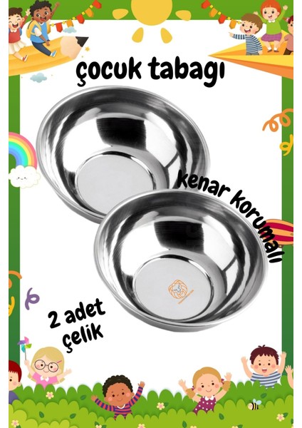 Derin Çocuk Tabağı Güvenli Kenarlı Çelik 2 Adet 16 cm