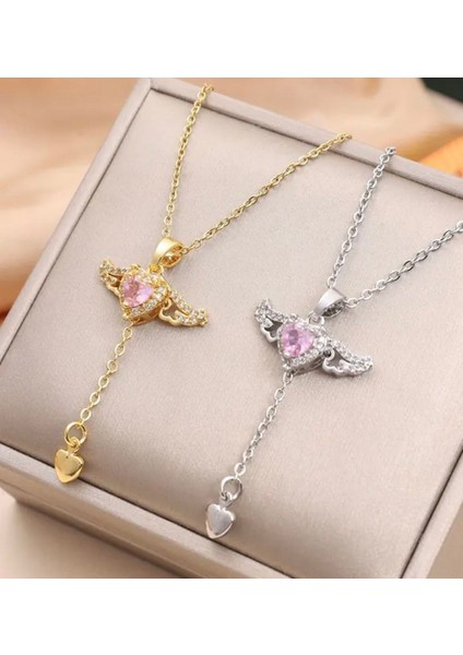 Kelebekli Taşlı Kalpli Gold ve Gümüş Şık Kolye fiyatları