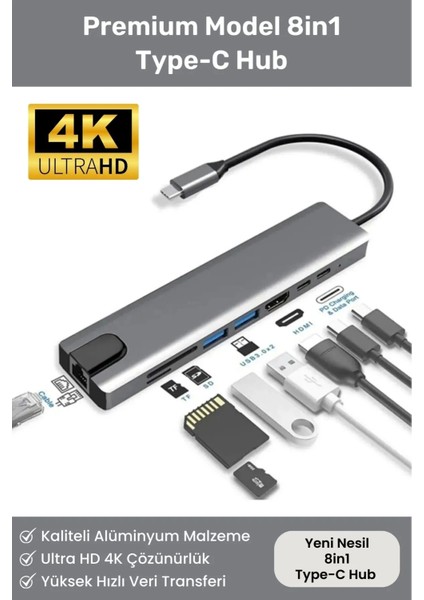 8 Girişli Macbook Pro Air USB Type-C Hub Dönüştürücü Çevirici Çoklayıcı USB HDMI Micro Sd 8in1