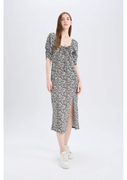 Bodycon Vücudu Saran Kare Yaka Çiçek Desenli Bürümcük Yarım Kol Midi Elbise Z5262AZ25SP