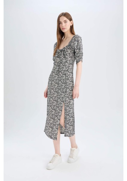 Bodycon Vücudu Saran Kare Yaka Çiçek Desenli Bürümcük Yarım Kol Midi Elbise Z5262AZ25SP fiyatları
