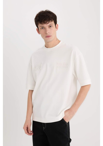 Loose Fit Bisiklet Yaka Baskılı Kısa Kollu Ağır Kumaş Tişört D5756AX25SP fırsatları
