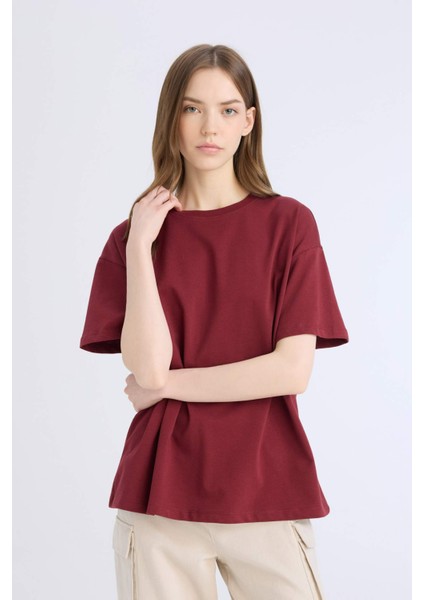 Oversize Geniş Kalıp Bisiklet Yaka Basic Düz Kalın Kumaş Kısa Kollu Tişört E4935AX25SP