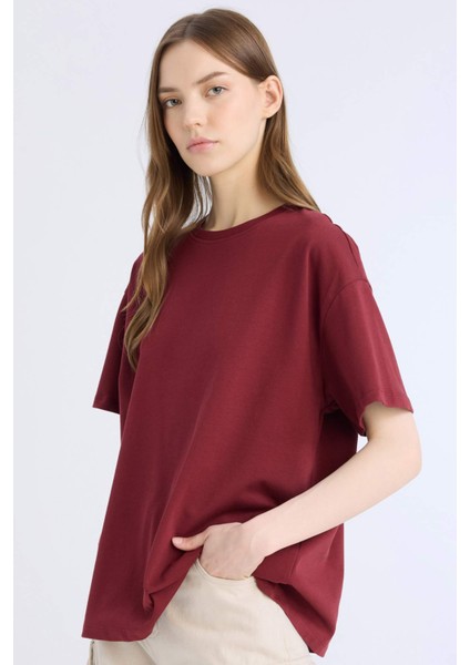 Oversize Geniş Kalıp Bisiklet Yaka Basic Düz Kalın Kumaş Kısa Kollu Tişört E4935AX25SP