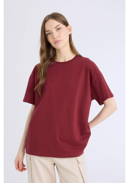 Oversize Geniş Kalıp Bisiklet Yaka Basic Düz Kalın Kumaş Kısa Kollu Tişört E4935AX25SP
