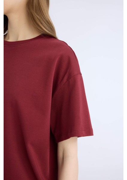 Oversize Geniş Kalıp Bisiklet Yaka Basic Düz Kalın Kumaş Kısa Kollu Tişört E4935AX25SP