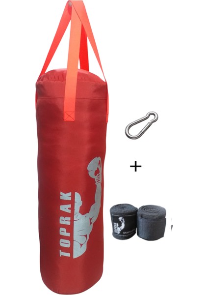 Bandaj ve Karabina Hediyeli Çocuk Boks Torbası 9-13 Yaş Için 60X22 cm Içi Dolu Toprak Sport