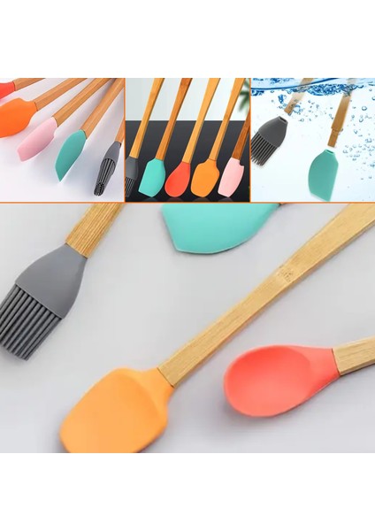 Ahşap Saplı Renkli Fırça, Kaşık,servis Kaşığı,spatula, Karıştırıcı Mutfak Seti