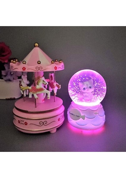 Sevimli Kedi Işıklı Müzikli Orta Boy Kar Küresi Atlı Karınca Müzik Kutusu