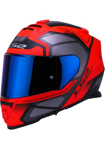 Storm 2 Faster Mat Kırmızı Kapalı Motosiklet Kaskı Mavi Camlı