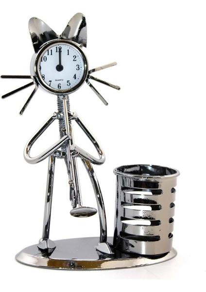 Kedi Tasarımlı Metal Saatli Kalemlik