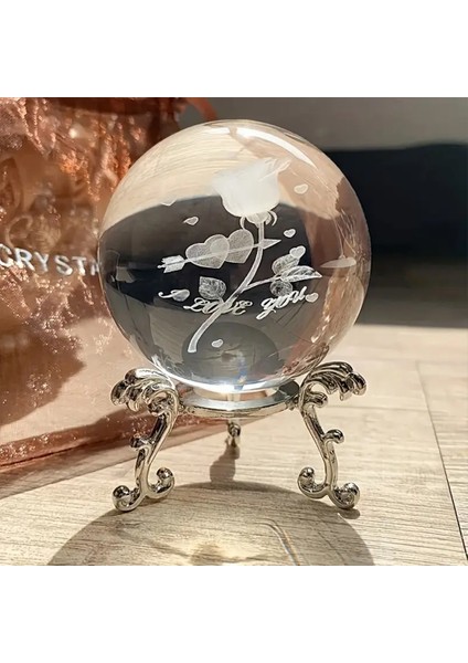 Dekoratif Metal Ayaklı Gül Tasarımlı 3D Cam Küre 6 cm
