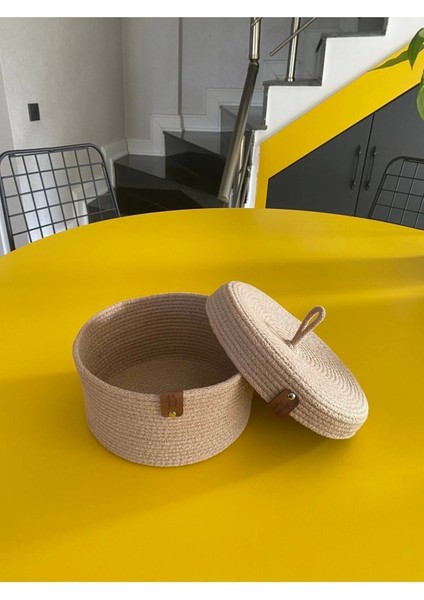 Bej camel küçük boy kapaklı çok amaçlı sepet, pamuklu sepet, dekoratif sepet,hasır sepet,pamuk sepet