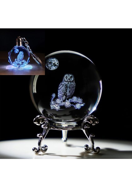 Dekoratif Metal Ayaklı Baykuş Tasarımlı 3D Cam Küre 6 cm ve Anahtar Seti