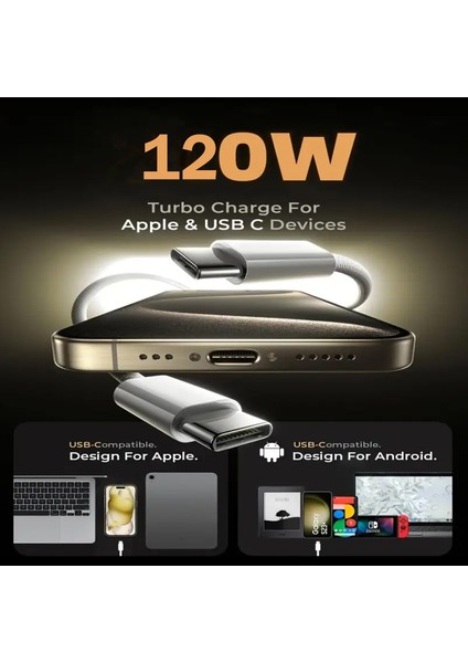 Dijital Göstergeli 120W Süper Hızlı Örgülü Type C To Type C Şarj Kablosu 1.2 Metre