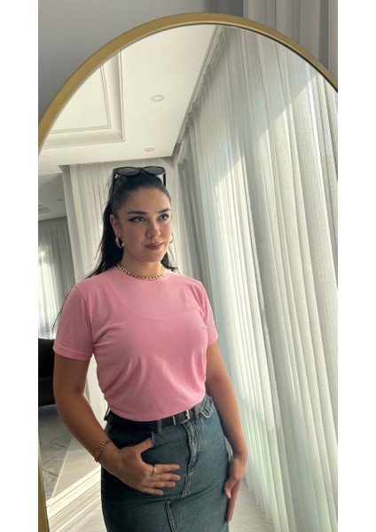 Kadın Bisiklet Yaka Tişört Regular Pamuk T-Shirt