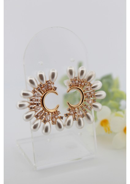 Yarım Ay Incili Zirkon Küpe