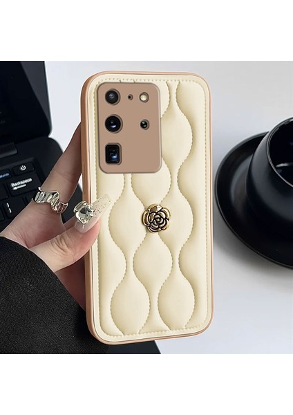 Samsung Galaxy S20 Ultra Uyumlu Kılıf Zebana Camellia Deri Kılıf Bej