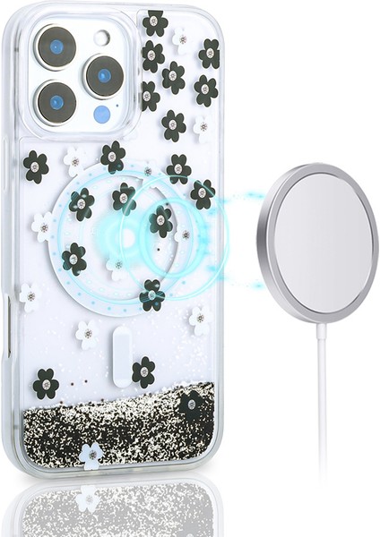 Apple iPhone 15 Pro Max Uyumlu Kılıf Sıvılı Simli Baskılı Şeffaf Arka Yüzey Zore Mossa Silikon Kapak-Sarı