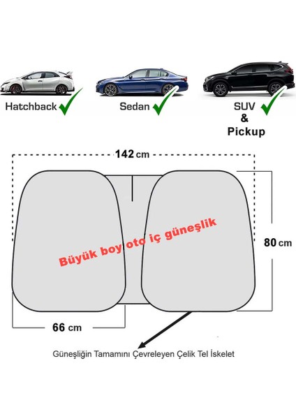 Titanyum Gümüş Oto Güneşlik Sedan - Hb - Suv ve Pick-Up Araçlara Uyumlu 142 x 80 cm modelleri