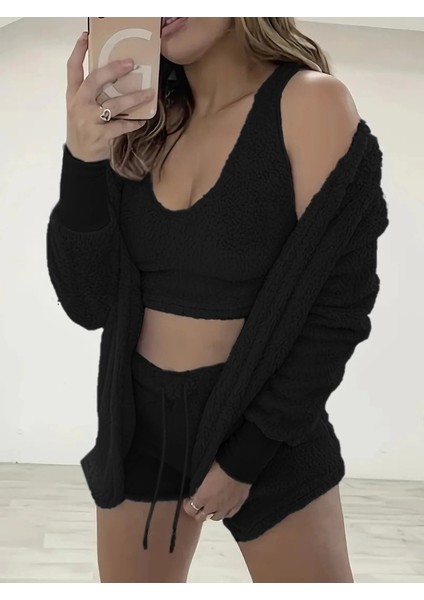 Kadın Uzun Kollu Ceket, Askılı Peluş Bluz ve Şort Üçlü Takım modelleri