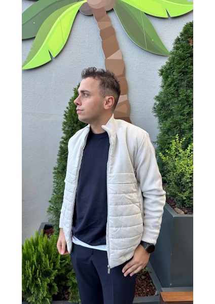 Erkek Triko Kombinli Süet Garni Kapitoneli Bomber Yaka Mont