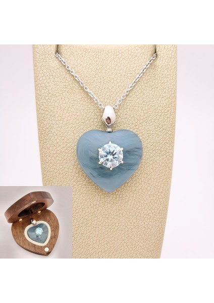 8 mm Zirkon Taşlı Bakalit Sıkma Kehribar Gümüş Kolye (Özel Yapım Ahşap Kutulu)