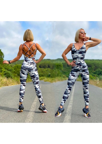 Gri Kamuflaj Desen Sırtı Çift Çapraz Ip Detaylı Spor Tayt Tulum